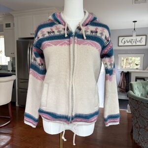 Alpaca soft wool full zip cardigan sweater jacket fair isle beige pink blue hood